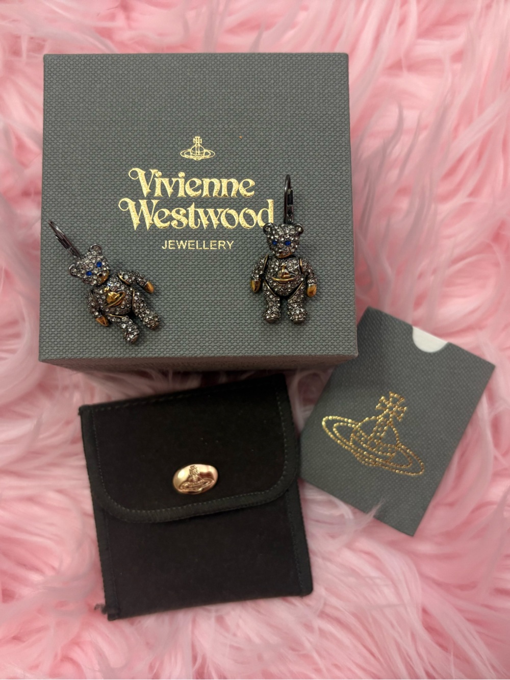 Vivienne Westwood Crystal Teddy Bear Drop Earrings - Gunmetal with Blue Eyes